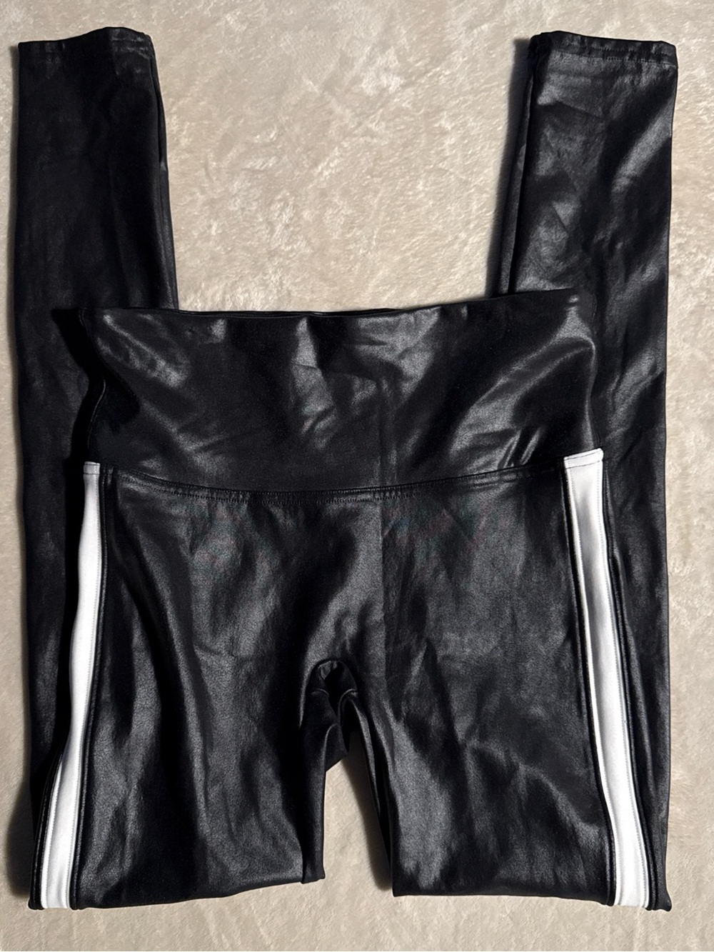 SPANX Black Faux Leather Leggings with White Side Stripes